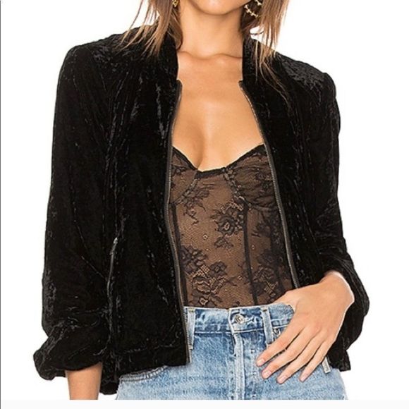 Splendid Black Crush Velvet Bomber Zip Up Jacket L - Picture 1 of 10